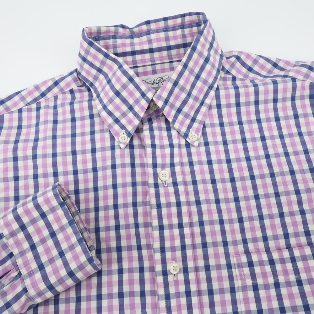 Brooks Brothers Gingham Check Shirt Mens 14 1/2 32 33 Small Pink Blue Plaid